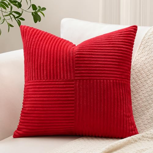 Sungeek 1 Stück Cord Kissenbezug, Kreuz Streifen Muster Kordsamt Kissenbezüge Sofakissen Dekokissen Patchwork Design Deko Zierkissenbezüge Kissenhülle für Wohnzimmer (40x40cm, Rot) von Sungeek