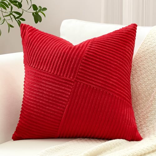 Sungeek 1 Stück Cord Kissenbezug, Windmühle Streifen Muster Kordsamt Kissenbezüge Dekokissen Sofakissen Patchwork Design Deko Zierkissenbezüge Kissenhülle für Wohnzimmer (45x45cm, Rot) von Sungeek
