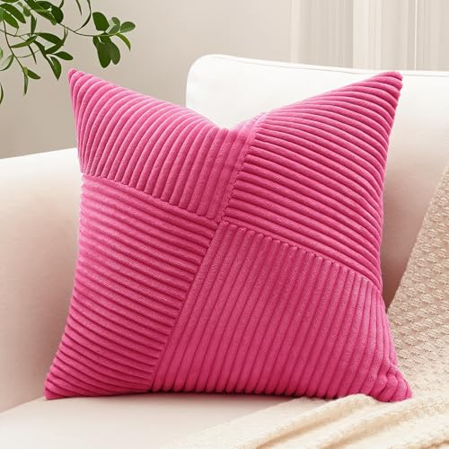 Sungeek 1 Stück Cord Kissenbezug, Windmühle Streifen Muster Kordsamt Kissenbezüge Dekokissen Sofakissen Patchwork Design Deko Zierkissenbezüge Kissenhülle für Wohnzimmer (50x50cm, Heißes Rosa) von Sungeek