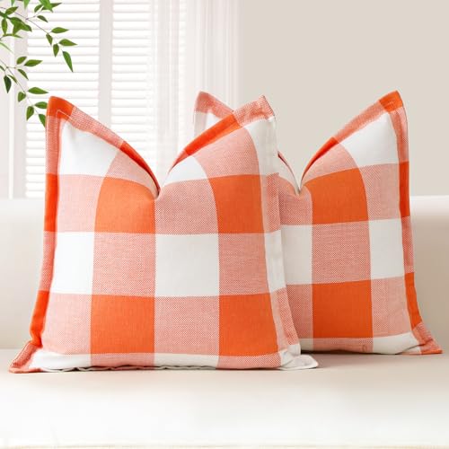 Sungeek 2er Set Buffalo Plaid Tartan Kissenbezüge, Dekorativ Zierkissenbezüge Weihnachten Kariert Kissenbezug Dekokissen Deko Bezug Kissenhülle für Sofa Schlafzimmer Wohnzimmer 50x50cm (Orange) von Sungeek