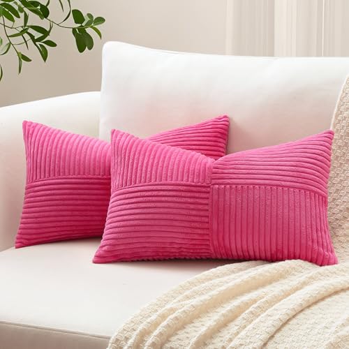 Sungeek 2er Set Cord Kissenbezüge, Kreuz Streifen Muster Kordsamt Kissenbezug Sofakissen Dekokissen Patchwork Design Deko Zierkissenbezüge Kissenhülle für Wohnzimmer (30x50cm, Heißes Rosa) von Sungeek