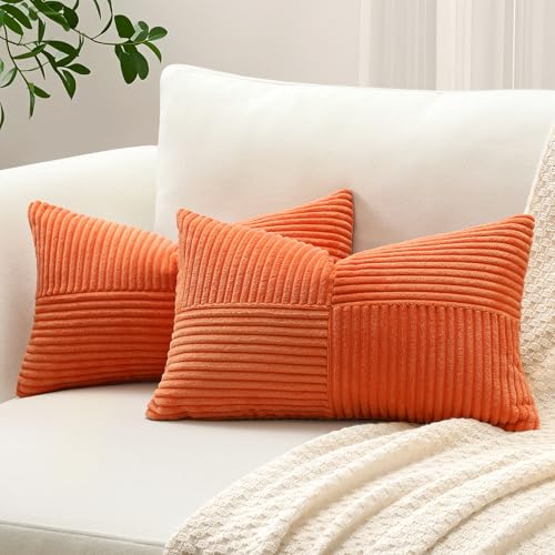 Sungeek 2er Set Cord Kissenbezüge, Kreuz Streifen Muster Kordsamt Kissenbezug Sofakissen Dekokissen Patchwork Design Deko Zierkissenbezüge Kissenhülle für Wohnzimmer (30x50cm, Rost) von Sungeek