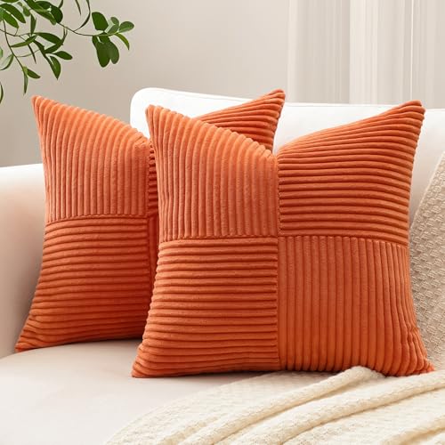 Sungeek 2er Set Cord Kissenbezüge, Kreuz Streifen Muster Kordsamt Kissenbezug Sofakissen Dekokissen Patchwork Design Deko Zierkissenbezüge Kissenhülle für Wohnzimmer (40x40cm, Rost) von Sungeek