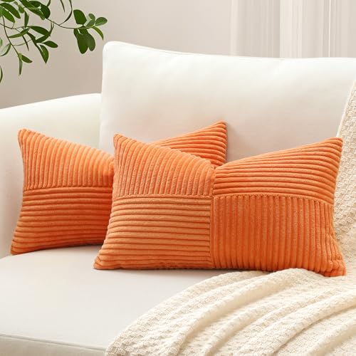 Sungeek 2er Set Cord Kissenbezüge, Kreuz Streifen Muster Kordsamt Kissenbezug Sofakissen Dekokissen Patchwork Design Deko Zierkissenbezüge Kissenhülle für Wohnzimmer (40x60cm, Orange) von Sungeek