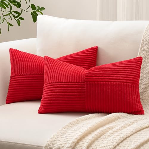 Sungeek 2er Set Cord Kissenbezüge, Kreuz Streifen Muster Kordsamt Kissenbezug Sofakissen Dekokissen Patchwork Design Deko Zierkissenbezüge Kissenhülle für Wohnzimmer (40x60cm, Rot) von Sungeek