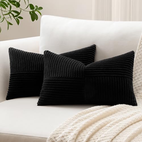 Sungeek 2er Set Cord Kissenbezüge, Kreuz Streifen Muster Kordsamt Kissenbezug Sofakissen Dekokissen Patchwork Design Deko Zierkissenbezüge Kissenhülle für Wohnzimmer (40x60cm, Schwarz) von Sungeek