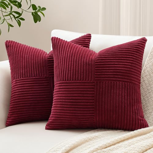 Sungeek 2er Set Cord Kissenbezüge, Kreuz Streifen Muster Kordsamt Kissenbezug Sofakissen Dekokissen Patchwork Design Deko Zierkissenbezüge Kissenhülle für Wohnzimmer (45x45cm, Burgund) von Sungeek