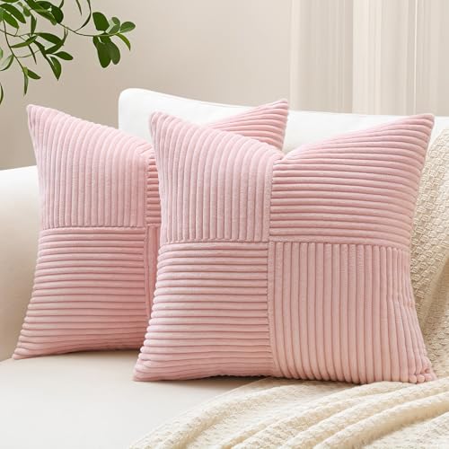 Sungeek 2er Set Cord Kissenbezüge, Kreuz Streifen Muster Kordsamt Kissenbezug Sofakissen Dekokissen Patchwork Design Deko Zierkissenbezüge Kissenhülle für Wohnzimmer (45x45cm, Rosa) von Sungeek