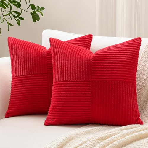 Sungeek 2er Set Cord Kissenbezüge, Kreuz Streifen Muster Kordsamt Kissenbezug Sofakissen Dekokissen Patchwork Design Deko Zierkissenbezüge Kissenhülle für Wohnzimmer (45x45cm, Rot) von Sungeek