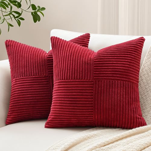 Sungeek 2er Set Cord Kissenbezüge, Kreuz Streifen Muster Kordsamt Kissenbezug Sofakissen Dekokissen Patchwork Design Deko Zierkissenbezüge Kissenhülle für Wohnzimmer (50x50cm, Dunkelrot) von Sungeek
