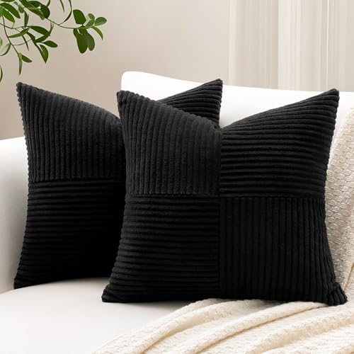 Sungeek 2er Set Cord Kissenbezüge, Kreuz Streifen Muster Kordsamt Kissenbezug Sofakissen Dekokissen Patchwork Design Deko Zierkissenbezüge Kissenhülle für Wohnzimmer (50x50cm, Schwarz) von Sungeek
