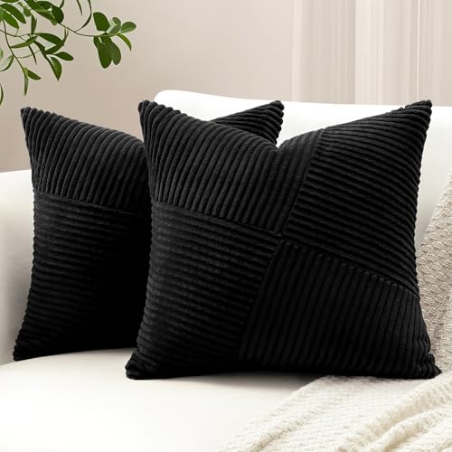 Sungeek 2er Set Cord Kissenbezüge, Windmühle Streifen Muster Kordsamt Kissenbezug Dekokissen Sofakissen Patchwork Design Deko Zierkissenbezüge Kissenhülle für Wohnzimmer (40x40cm, Schwarz) von Sungeek