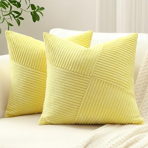 Sungeek 2er Set Cord Kissenbezüge, Windmühle Streifen Muster Kordsamt Kissenbezug Dekokissen Sofakissen Patchwork Design Deko Zierkissenbezüge Kissenhülle für Wohnzimmer (45x45cm, Gelb) von Sungeek