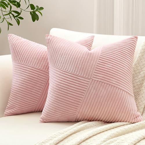 Sungeek 2er Set Cord Kissenbezüge, Windmühle Streifen Muster Kordsamt Kissenbezug Dekokissen Sofakissen Patchwork Design Deko Zierkissenbezüge Kissenhülle für Wohnzimmer (50x50cm, Rosa) von Sungeek