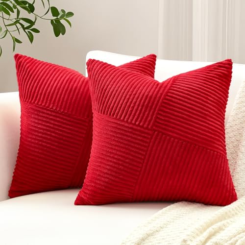 Sungeek 2er Set Cord Kissenbezüge, Windmühle Streifen Muster Kordsamt Kissenbezug Dekokissen Sofakissen Patchwork Design Deko Zierkissenbezüge Kissenhülle für Wohnzimmer (50x50cm, Rot) von Sungeek