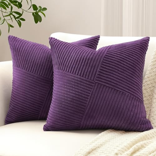 Sungeek 2er Set Cord Kissenbezüge, Windmühle Streifen Muster Kordsamt Kissenbezug Dekokissen Sofakissen Patchwork Design Deko Zierkissenbezüge Kissenhülle für Wohnzimmer (60x60cm, Violett) von Sungeek