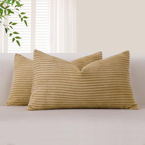 Sungeek 2er Set Kordsamt Kissenbezüge, Dekorativ Zierkissenbezüge Weich Cord Kissenbezug Dekokissen Sofakissen Couchkissen Deko Bezug Kissenhülle für Schlafzimmer Wohnzimmer (30x50cm, Hellbraun) von Sungeek