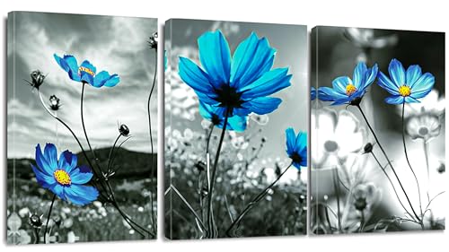 Sungeek 3 Teilig Leinwandbilder mit Holzrahme, Leinwanddruck Bilder 30 x 40 cm, Moderne Wandbilder Kunstdruck Wand Dekoration für Wohnzimmer Schlafzimmer Home Esszimmer Büro (Blaue Blumen) von Sungeek
