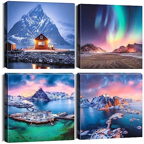 Sungeek 4 Teilig Leinwandbilder mit Holzrahme, Leinwanddruck Bilder 30 x 30 cm, Moderne Wandbilder Kunstdruck Wand Dekoration für Wohnzimmer Schlafzimmer Esszimmer Home Büro (Aurora B) von Sungeek