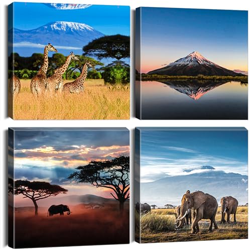 Sungeek 4 Teilig Leinwandbilder mit Holzrahme, Leinwanddruck Bilder 30 x 30 cm, Moderne Wandbilder Kunstdruck Wand Dekoration für Wohnzimmer Schlafzimmer Home Büro Esszimmer (Afrika B) von Sungeek