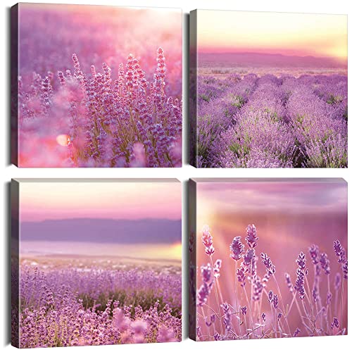 Sungeek 4 Teilig Leinwandbilder mit Holzrahme, Leinwanddruck Bilder 30 x 30 cm, Moderne Wandbilder Kunstdruck Wand Dekoration für Wohnzimmer Schlafzimmer Home Büro Esszimmer (Lavendel) von Sungeek