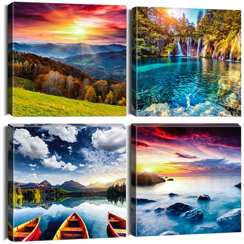 Sungeek 4 Teilig Leinwandbilder mit Holzrahme, Leinwanddruck Bilder 30 x 30 cm, Moderne Wandbilder Kunstdruck Wand Dekoration für Wohnzimmer Schlafzimmer Home Büro Esszimmer (Natur) von Sungeek