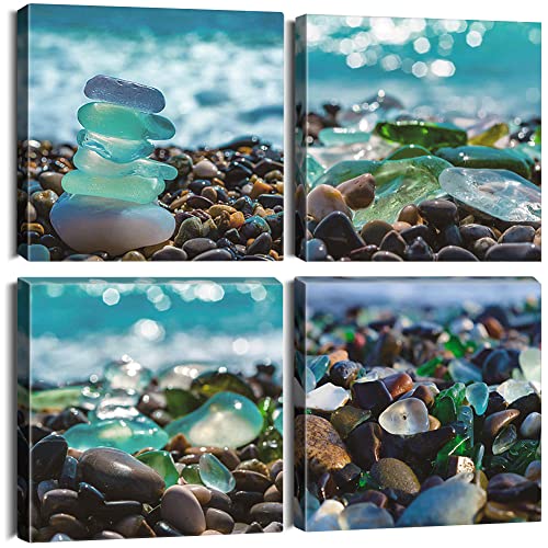 Sungeek 4 Teilig Leinwandbilder mit Holzrahme, Leinwanddruck Bilder 30 x 30 cm, Moderne Wandbilder Kunstdruck Wand Dekoration für Wohnzimmer Schlafzimmer Home Büro Esszimmer (Strandsteine) von Sungeek