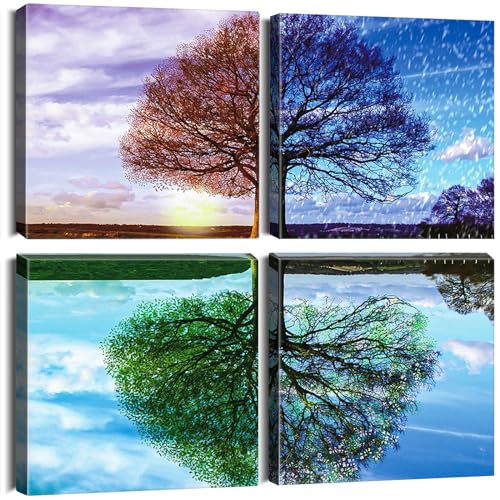 Sungeek 4 Teilig Leinwandbilder mit Holzrahme, Leinwanddruck Bilder 30x30cm, Moderne Wandbilder Kunstdruck Wand Dekoration für Wohnzimmer Schlafzimmer Esszimmer Home Büro (Baum) von Sungeek