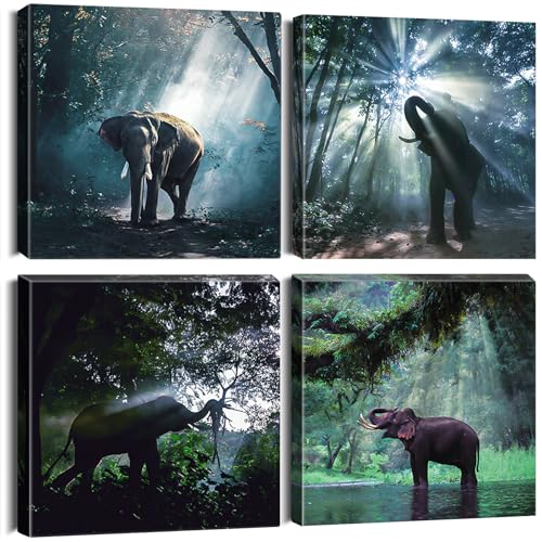 Sungeek 4 Teilig Leinwandbilder mit Holzrahme, Leinwanddruck Bilder 30x30cm, Moderne Wandbilder Kunstdruck Wand Dekoration für Wohnzimmer Schlafzimmer Esszimmer Home Büro (Elefant) von Sungeek