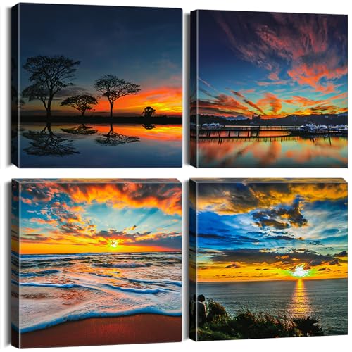Sungeek 4 Teilig Leinwandbilder mit Holzrahme, Leinwanddruck Bilder 30x30cm, Moderne Wandbilder Kunstdruck Wand Dekoration für Wohnzimmer Schlafzimmer Esszimmer Home Büro (Sonnenaufgang) von Sungeek