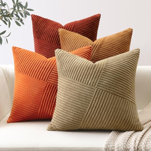 Sungeek 4er Set Cord Kissenbezüge, Windmühle Streifen Kordsamt Kissenbezug Sofakissen Dekokissen Patchwork Design Deko Zierkissenbezüge Kissenhülle für Wohnzimmer (40x40cm, Braun Rost) von Sungeek
