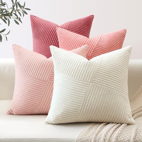 Sungeek 4er Set Cord Kissenbezüge, Windmühle Streifen Kordsamt Kissenbezug Sofakissen Dekokissen Patchwork Design Deko Zierkissenbezüge Kissenhülle für Wohnzimmer (40x40cm, Creme Weiß Rosa) von Sungeek