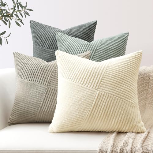 Sungeek 4er Set Cord Kissenbezüge, Windmühle Streifen Kordsamt Kissenbezug Sofakissen Dekokissen Patchwork Design Deko Zierkissenbezüge Kissenhülle für Wohnzimmer (40x40cm, Neutral Grau) von Sungeek