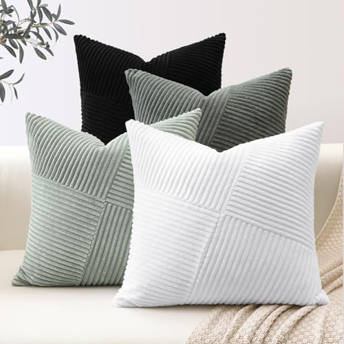 Sungeek 4er Set Cord Kissenbezüge, Windmühle Streifen Kordsamt Kissenbezug Sofakissen Dekokissen Patchwork Design Deko Zierkissenbezüge Kissenhülle für Wohnzimmer (40x40cm, Schwarz Weiß) von Sungeek