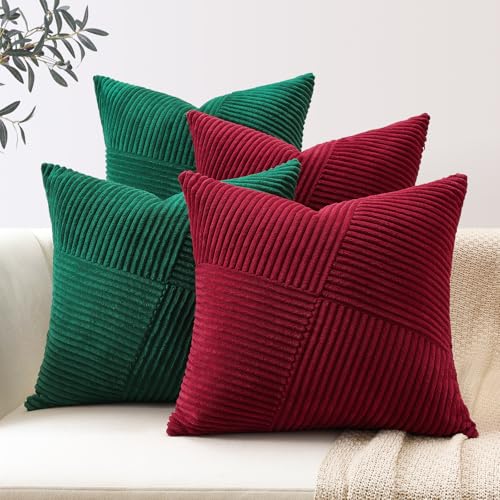 Sungeek 4er Set Cord Kissenbezüge, Windmühle Streifen Kordsamt Kissenbezug Sofakissen Dekokissen Patchwork Design Deko Zierkissenbezüge Kissenhülle für Wohnzimmer (45x45cm, Dunkelgrün Burgund) von Sungeek