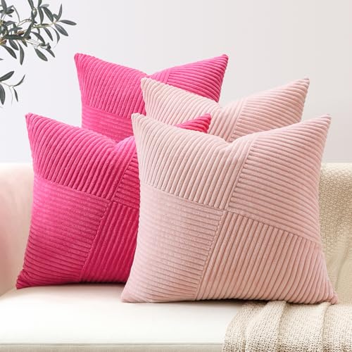 Sungeek 4er Set Cord Kissenbezüge, Windmühle Streifen Kordsamt Kissenbezug Sofakissen Dekokissen Patchwork Design Deko Zierkissenbezüge Kissenhülle für Wohnzimmer (45x45cm, Rosa) von Sungeek