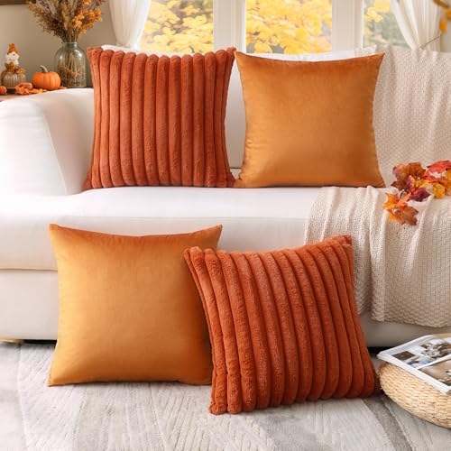 Sungeek 4er Set Herbst Kissenbezüge, Dekorativ Zierkissenbezüge Kunstpelz Weich Kissenbezug Dekokissen Sofakissen Boho Deko Bezug Kissenhülle für Wohnzimmer (Plüsch+Samt, 45x45 cm) von Sungeek