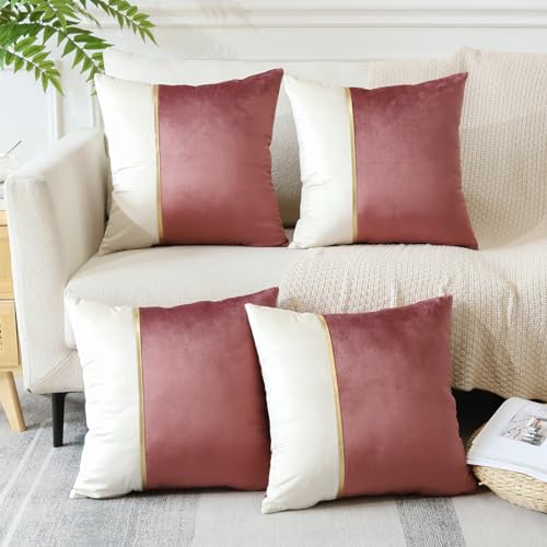 Sungeek 4er Set Kissenbezüge 45x45 cm, Weich Patchwork Samt Kissenbezug mit Gold Leder Dekorativ Zierkissenbezüge Couchkissen Deko Bezug Kissenhülle für Sofa Schlafzimmer Wohnzimmer (Marmelade) von Sungeek