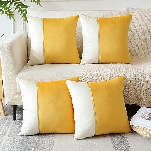 Sungeek 4er Set Kissenbezüge 45x45 cm, Weich Patchwork Samt Kissenbezug mit Gold Leder Dekorativ Zierkissenbezüge Couchkissen Deko Bezug Kissenhülle für Sofa Schlafzimmer Wohnzimmer (Orangegelb) von Sungeek