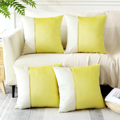 Sungeek 4er Set Kissenbezüge 45x45 cm, Weich Patchwork Samt Kissenbezug mit Gold Leder Dekorativ Zierkissenbezüge Couchkissen Deko Bezug Kissenhülle für Sofa Schlafzimmer Wohnzimmer (Zitronengelb) von Sungeek