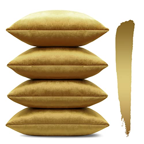 Sungeek 4er Set Samt Kissenbezüge 45x45 cm, Dekorativ Zierkissenbezüge Weich Kissenbezug Dekokissen Sofakissen Couchkissen Deko Bezug Kissenhülle für Sofa Schlafzimmer Wohnzimmer (Gold) von Sungeek