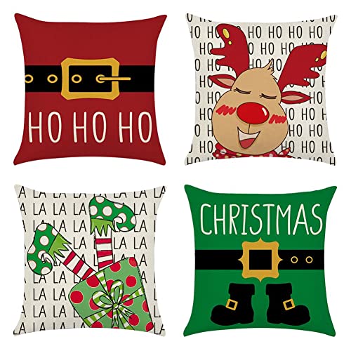 Sungeek 4er Set Weihnachten Kissenbezüge, Leinen Dekorative Zierkissenbezüge Plaid Weihnachtsmann Deko Kissenhülle für Sofa Couch Schlafzimmer Wohnzimmer (40x40 cm, Cartoon Hirsch) von Sungeek