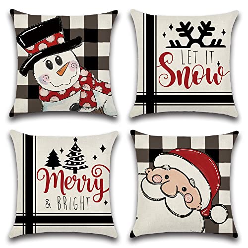 Sungeek 4er Set Weihnachten Kissenbezüge, Leinen Dekorative Zierkissenbezüge Plaid Weihnachtsmann Deko Kissenhülle für Sofa Couch Schlafzimmer Wohnzimmer (50x50 cm, Schwarz Schneemann) von Sungeek