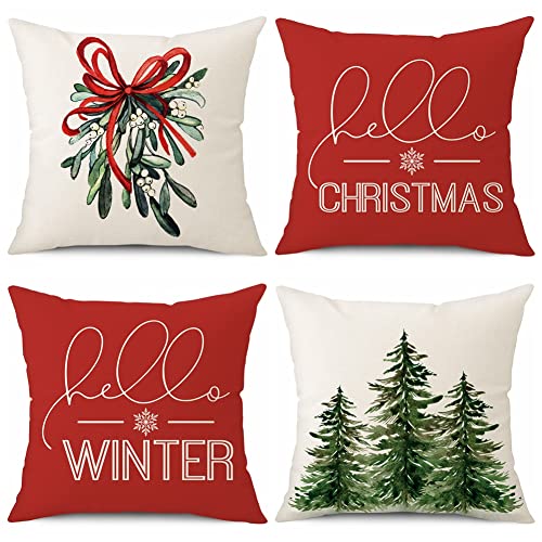 Sungeek 4er Set Weihnachten Kissenbezüge, Leinen Dekorative Zierkissenbezüge Weihnachtsmann Kissenbezug Deko Kissenhülle für Sofa Couch Schlafzimmer Wohnzimmer (40x40 cm, Hello Winter) von Sungeek