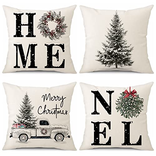 Sungeek 4er Set Weihnachten Kissenbezüge, Leinen Dekorative Zierkissenbezüge Weihnachtsmann Kissenbezug Deko Kissenhülle für Sofa Couch Schlafzimmer Wohnzimmer (40x40 cm, Weihnachtsbaum) von Sungeek