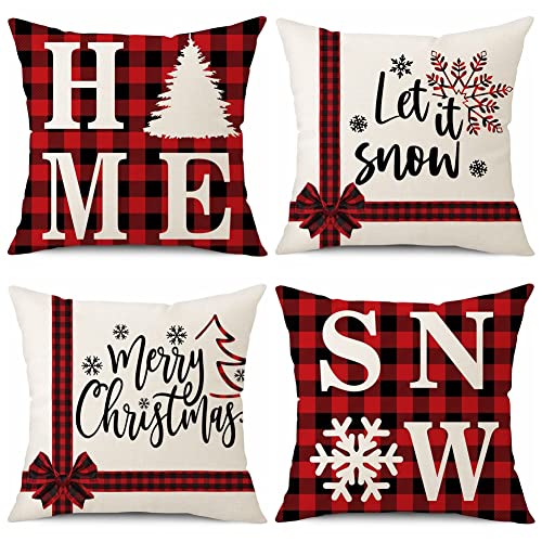 Sungeek 4er Set Weihnachten Kissenbezüge, Leinen Dekorative Zierkissenbezüge Weihnachtsmann Kissenbezug Deko Kissenhülle für Sofa Couch Schlafzimmer Wohnzimmer (45x45 cm, Rotes Plaid) von Sungeek