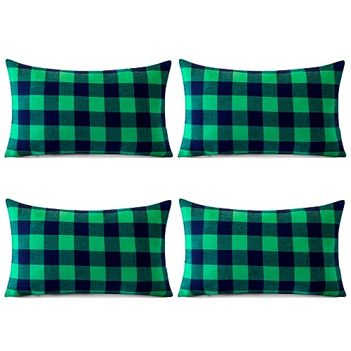 Sungeek 4er Set Weihnachten Kissenbezüge, Plaid Dekorativ Zierkissenbezüge Kissenbezug Deko Bezug Tartan Kissenhülle für Sofa Couch Schlafzimmer Wohnzimmer (30x50 cm, Grün + Blau) von Sungeek