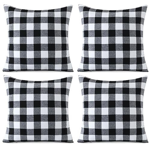 Sungeek 4er Set Weihnachten Kissenbezüge, Plaid Dekorativ Zierkissenbezüge Kissenbezug Deko Bezug Tartan Kissenhülle für Sofa Couch Schlafzimmer Wohnzimmer (45x45 cm, Schwarz + Weiß) von Sungeek