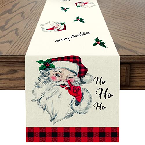 Sungeek Leinen Weihnachten Tischläufer, Frohe Weihnachten Tischläufer Küche Esstisch Dekoration für Drinnen und Draußen Urlaub Party Wohnzimmer Dekor, 30 x 180 cm (Weihnachtsmann) von Sungeek
