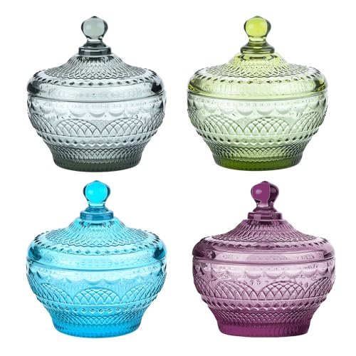 Sungmor 4 Stück Vintage geprägte Glas-Süßigkeiten-Vorratsdosen mit Deckel, dekorative bunte Kristall-Süßigkeitenschalen, violette Keksbehälter, hübsche Schalen mit Deckel für Schokolade, Dessert, Sungmor 4 Stück Vintage geprägte Glas-Süßigkeiten-Vorratsdosen mit Deckel, dekorative bunte Kristall-Süßigkeitenschalen, violette Keksbehälter, hübsche Schalen mit Deckel für Schokolade, Dessert, von Sungmor